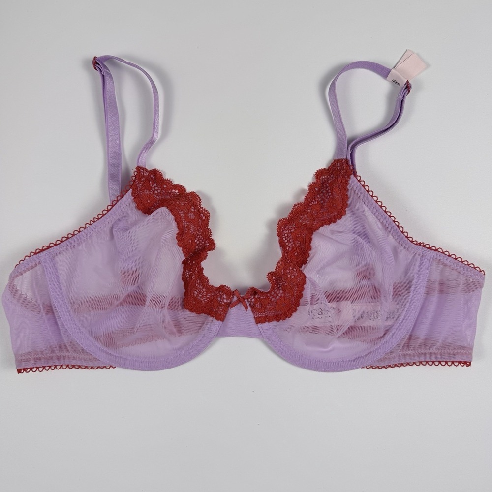 Victoria's Secret Tease Unlined Demi Bra Purple Sheer Mesh Red Lace S. 36B NWT